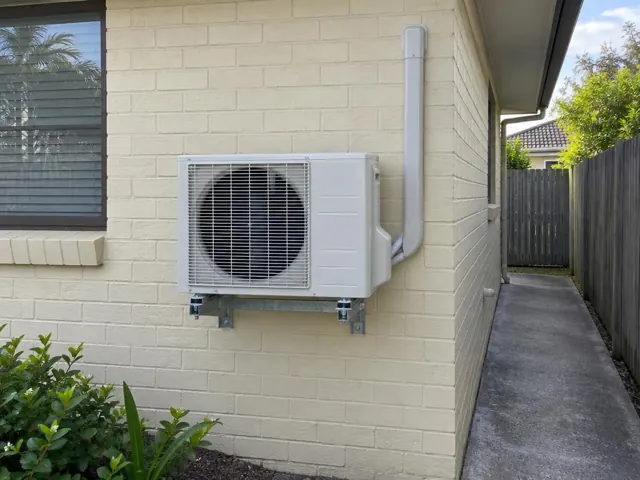 Wall-mounted outdoor air conditioner unit on a cream brick house beside a narrow side path in Pimpama